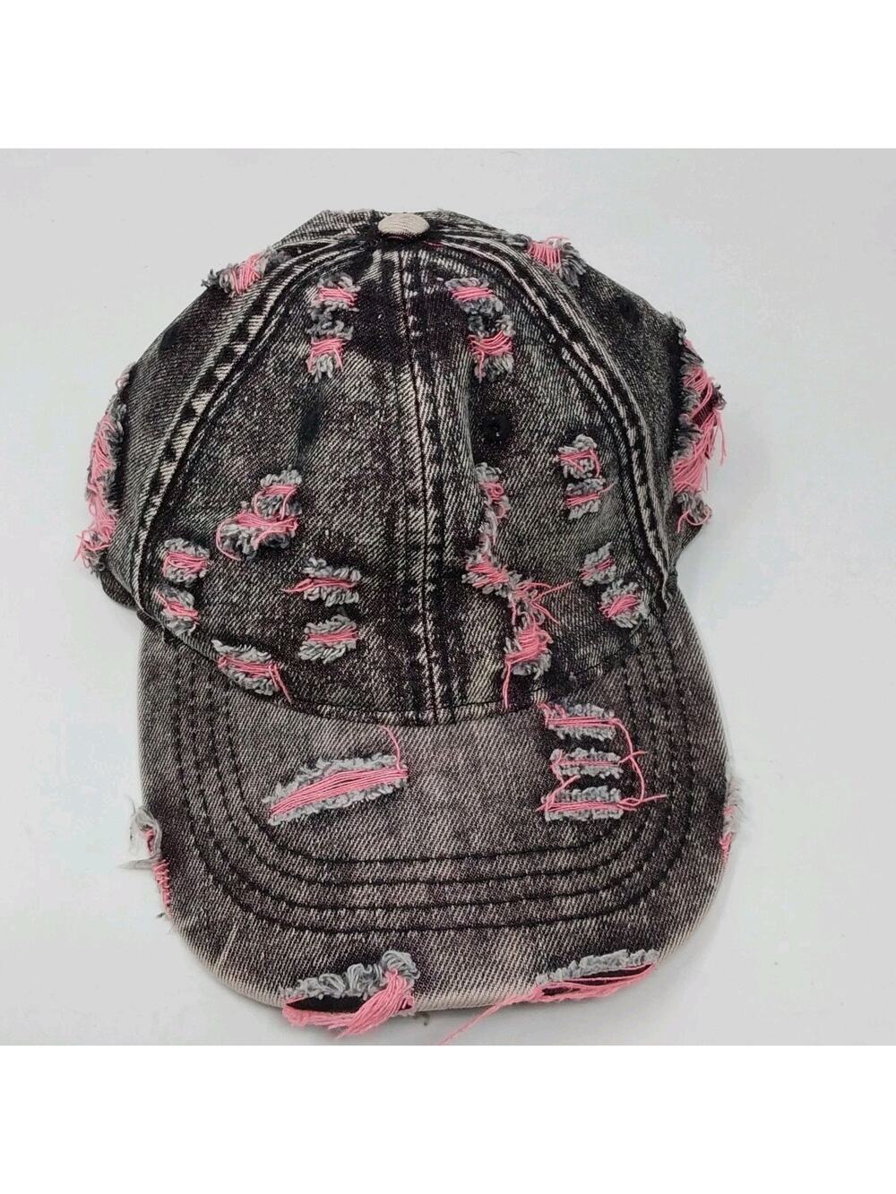 Distressed Denim Baseball Cap Pink Gray Acid Wash Adjustable Dad Hat
